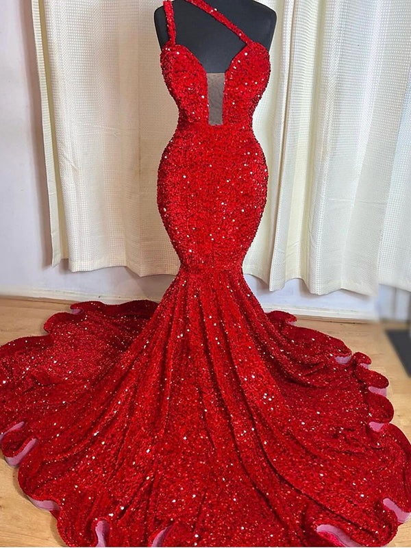 Mermaid One-Shoulder Court Train Velvet Sequins Dress