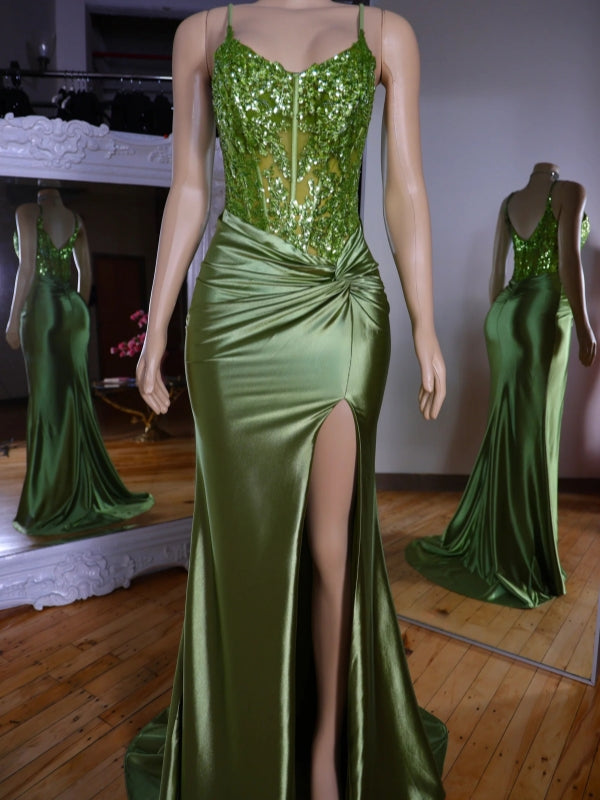 Sheath V-neck Appliques Lace Sweep Train Silk Like Satin Corset Dress