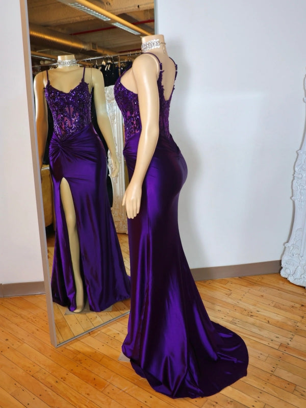 Sheath V-neck Appliques Lace Sweep Train Silk Like Satin Corset Dress