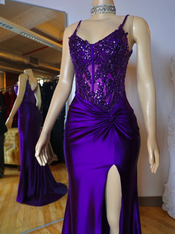 Sheath V-neck Appliques Lace Sweep Train Silk Like Satin Corset Dress
