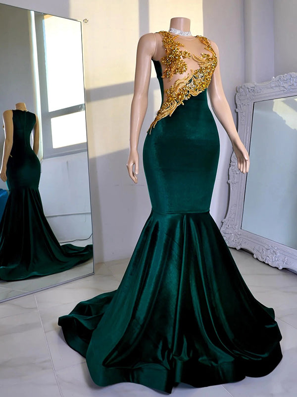 Mermaid Illusion Beading Sweep Train Velvet Dress