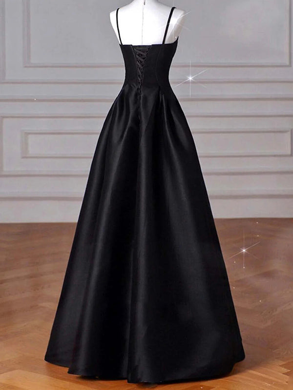 A-line Spaghetti Straps Ruffles Floor-Length Satin Dress