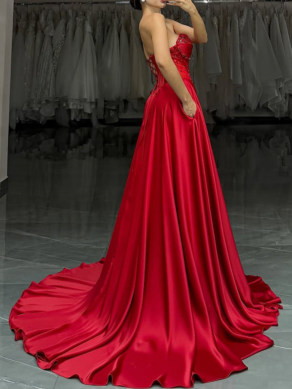 A-line Sweetheart Beading Sweep Train Silk like Satin Corset Dress