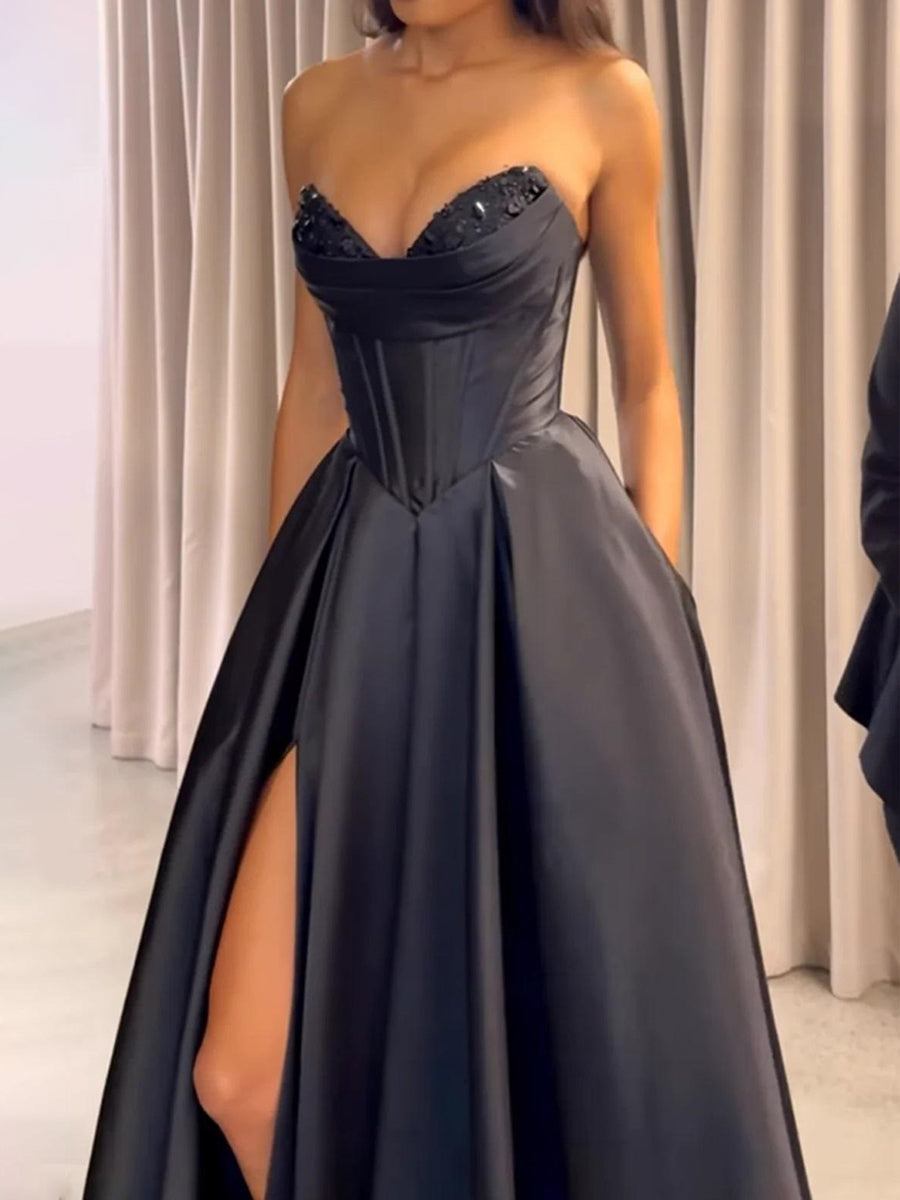 A-line Sweetheart Pleated Floor-Length Satin Corset Prom Dress