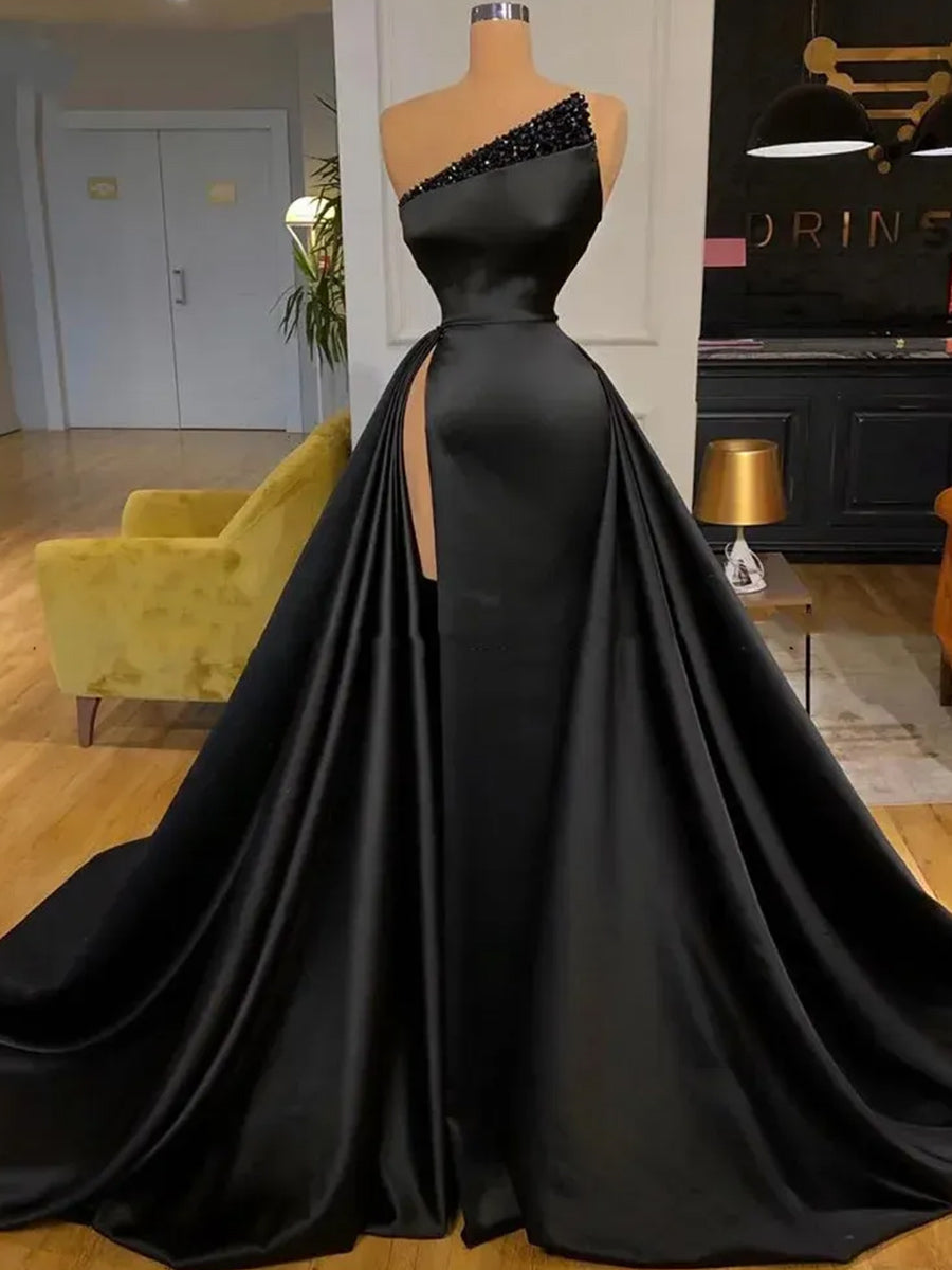 A-line Straight Pleated Sweep Train Charmeuse Prom Dress