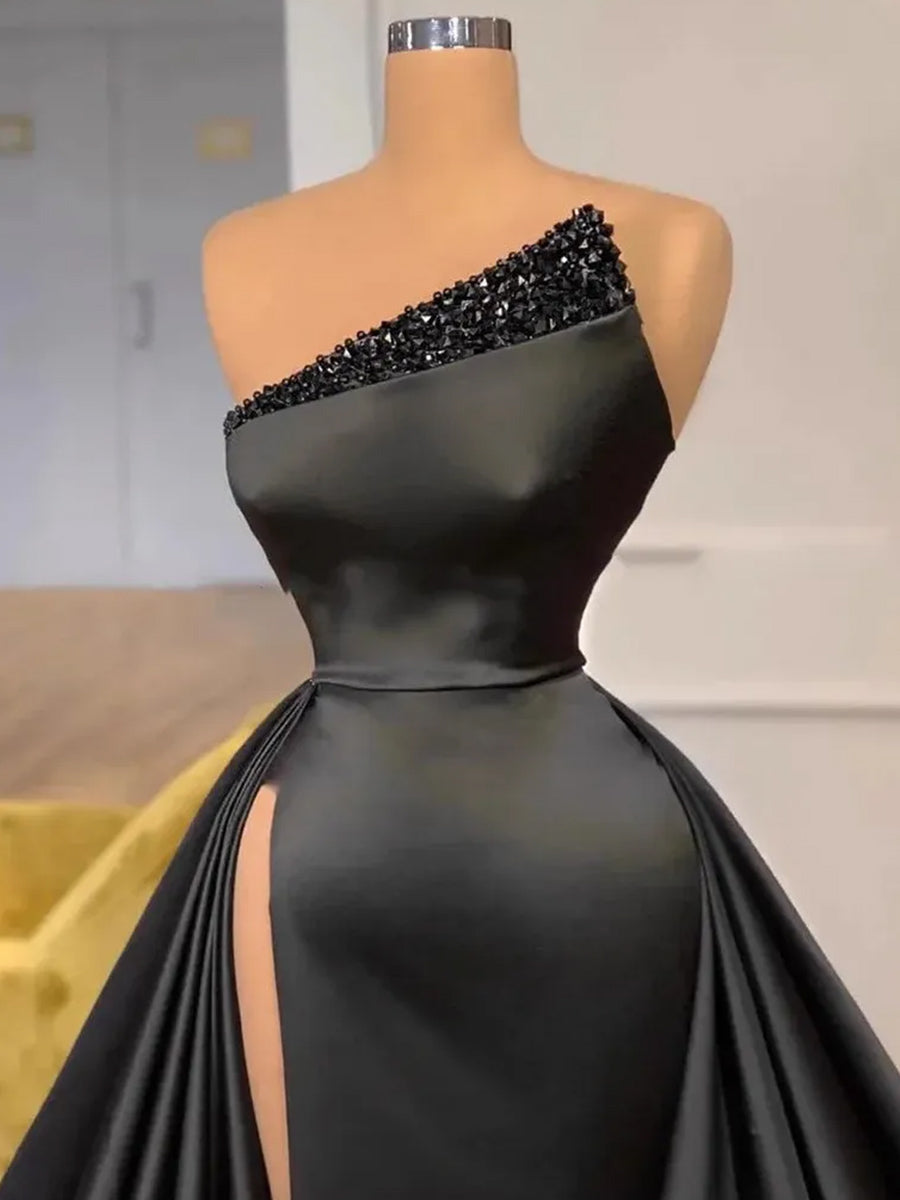 A-line Straight Pleated Sweep Train Charmeuse Prom Dress