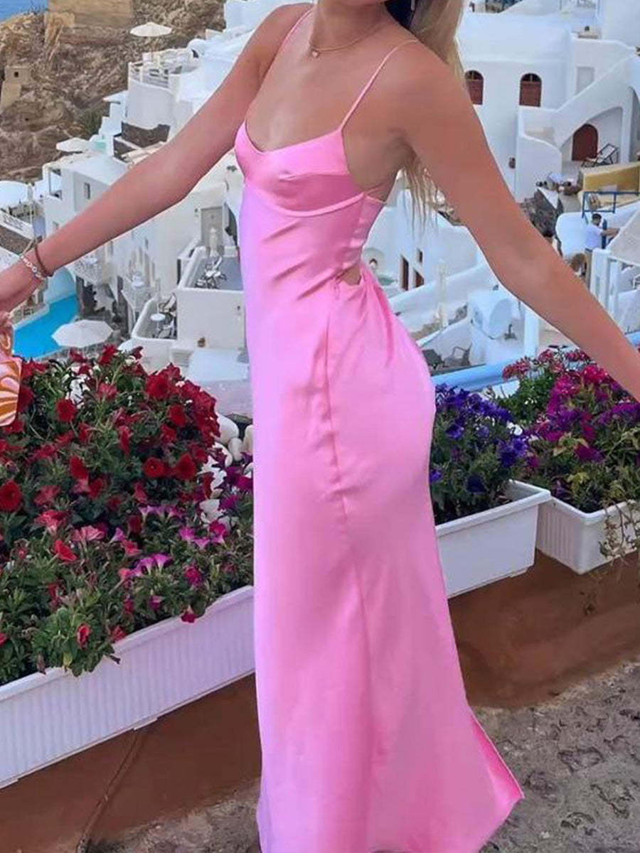 Sheath Spaghetti Straps Ankle-Length Silk Like Satin Prom Dress