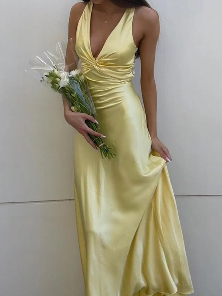 Sheath Halter Pleated Sweep Train Silk Like Satin Corset Prom Dress
