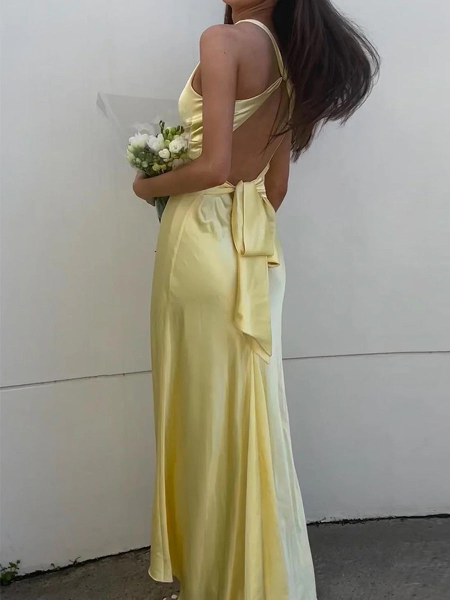 Sheath Halter Pleated Sweep Train Silk Like Satin Corset Prom Dress