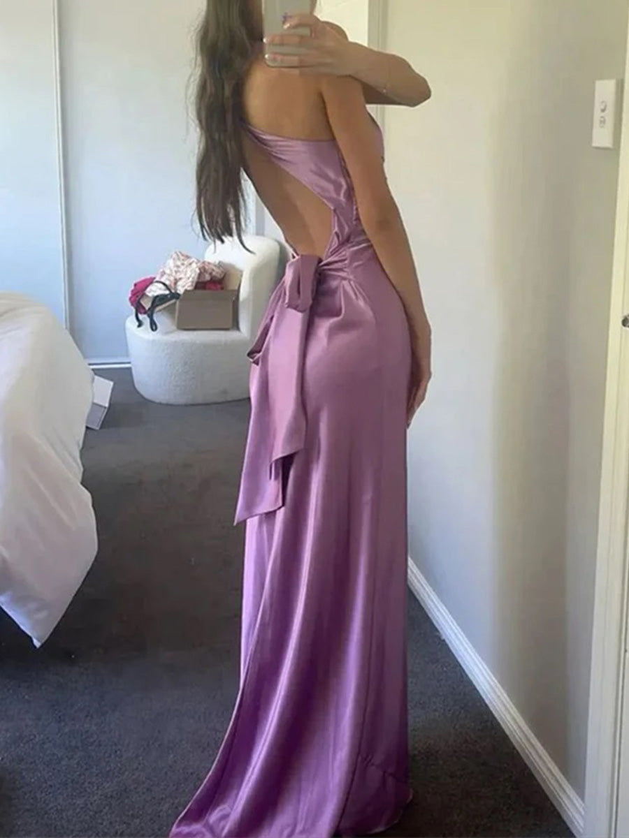 Sheath Halter Pleated Sweep Train Silk Like Satin Corset Prom Dress