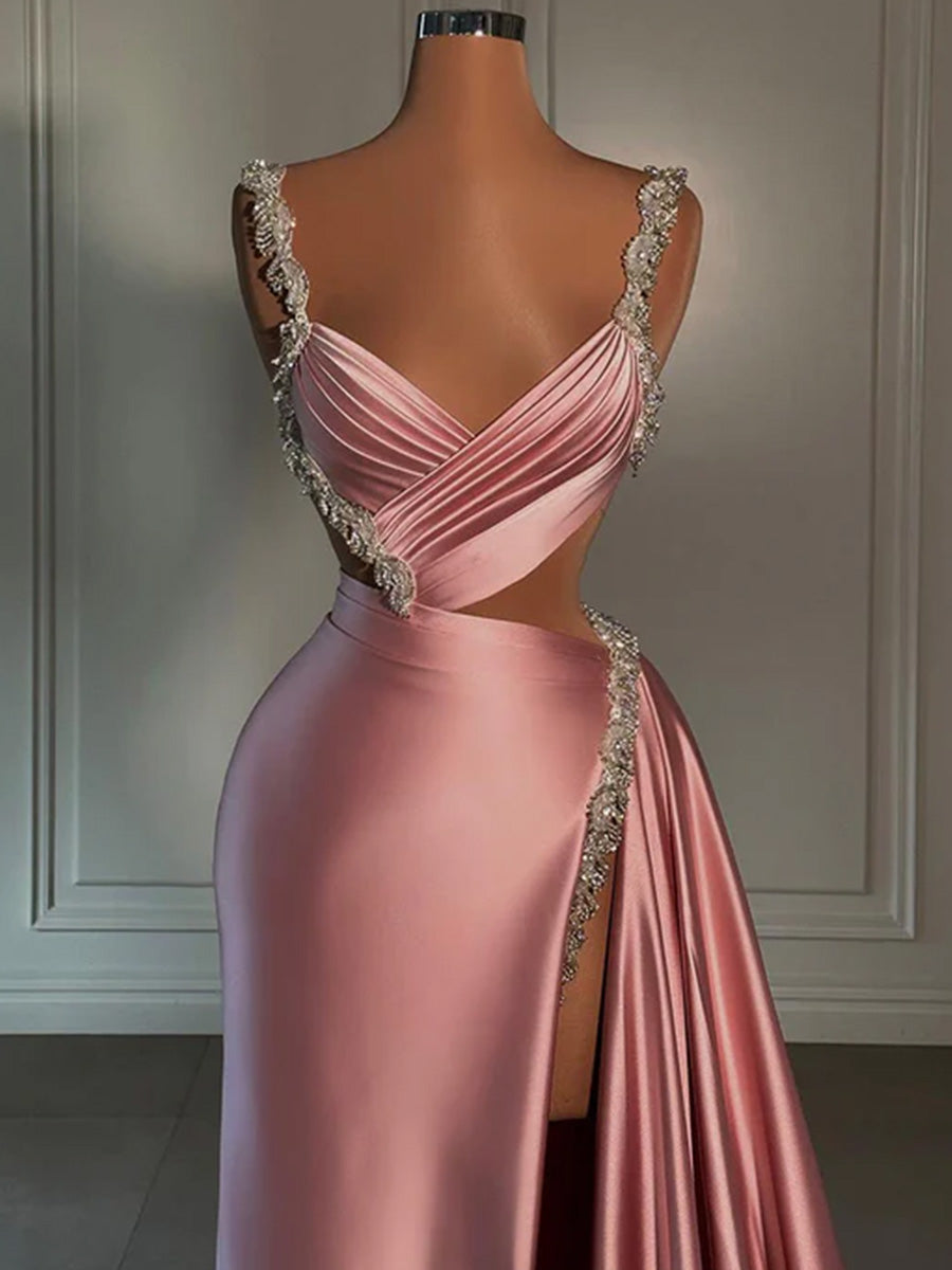 Sheath V-neck Pleated Sweep Train Silk Like Satin Corset Prom Dress