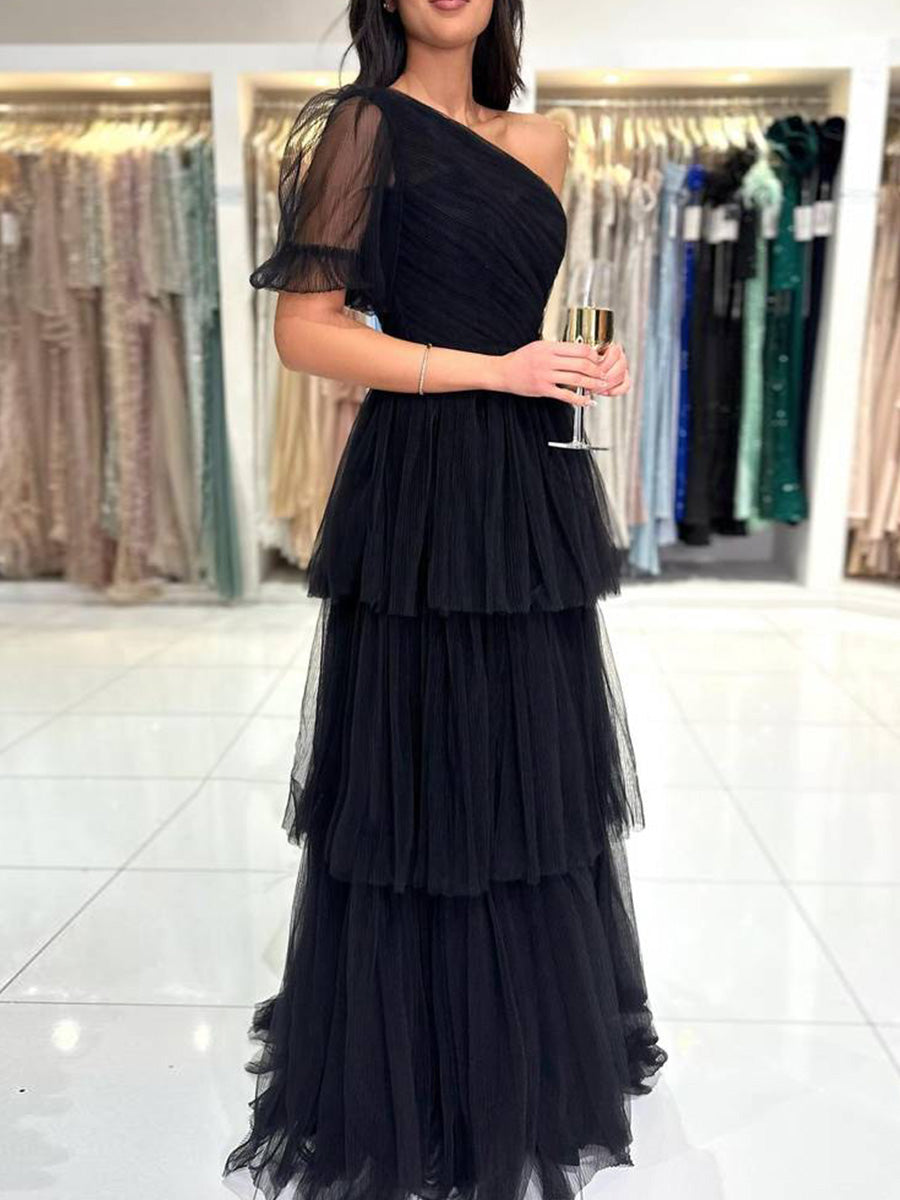 A-line One Shoulder Pleated Floor-Length Tulle Corset Prom Dress
