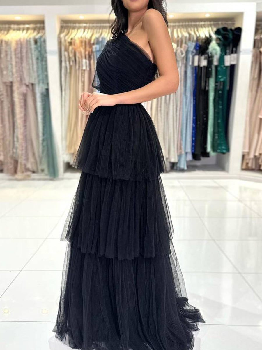 A-line One Shoulder Pleated Floor-Length Tulle Corset Prom Dress