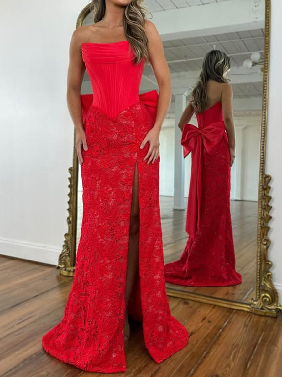 Sheath Straight Bow Sweep Train Satin Corset Prom Dress