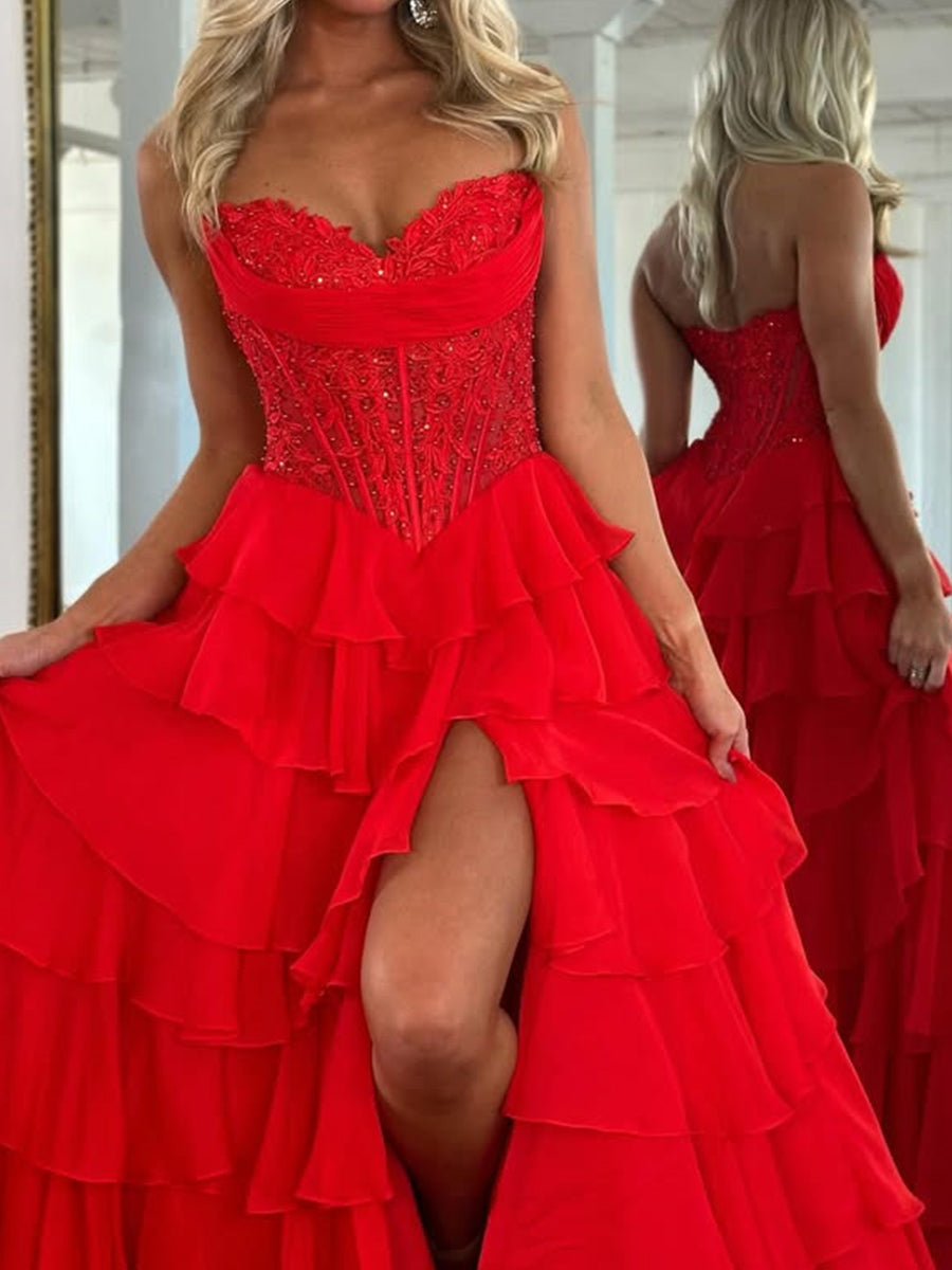 A-line Sweetheart Cascading Ruffles Sweep Train Chiffon Corset Prom Dress