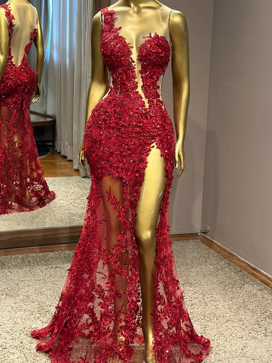 Sheath One-Shoulder Appliques Lace Floor-Length Tulle Prom Dress