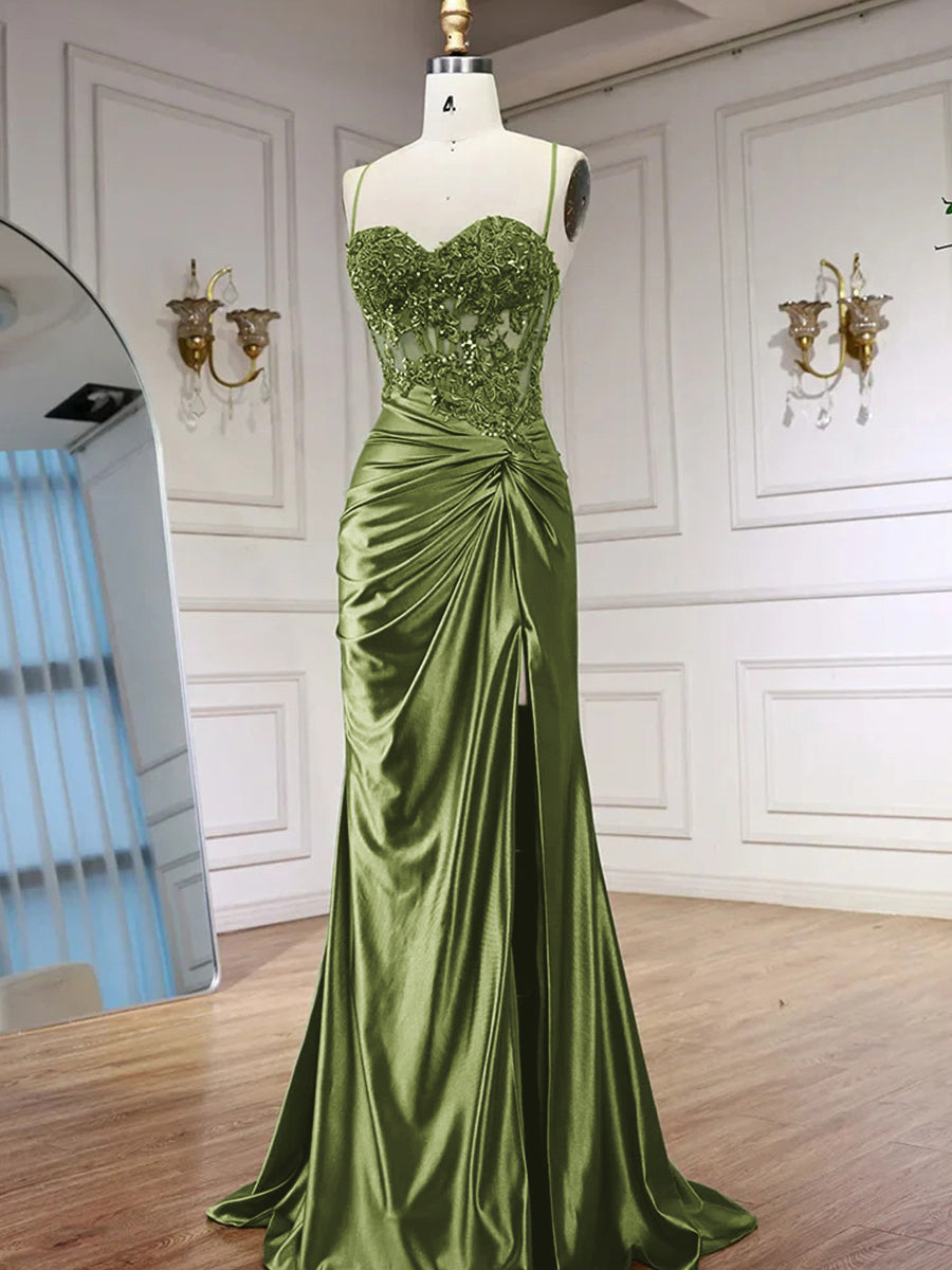 Sheath Spaghetti Straps Appliques Lace Sweep Train Silk Like Satin Corset Prom Dress