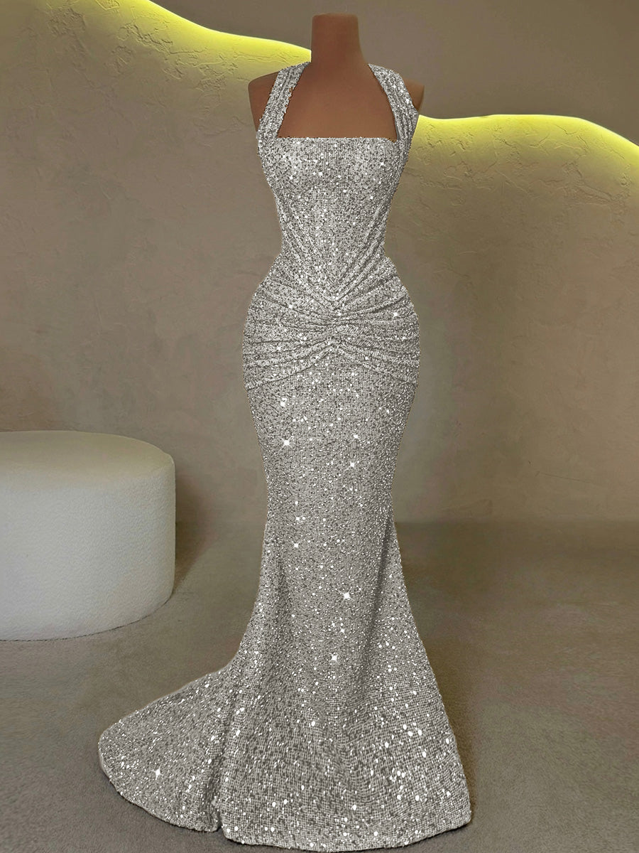 Sheath Straps Pleated Sweep Train Corset Prom Dress
