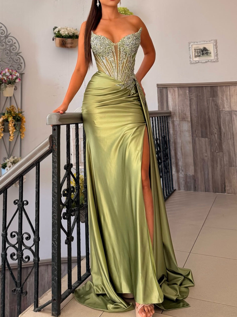 Sheath Sweetheart Appliques Lace Court Train Silk Like Satin Corset Prom Dress