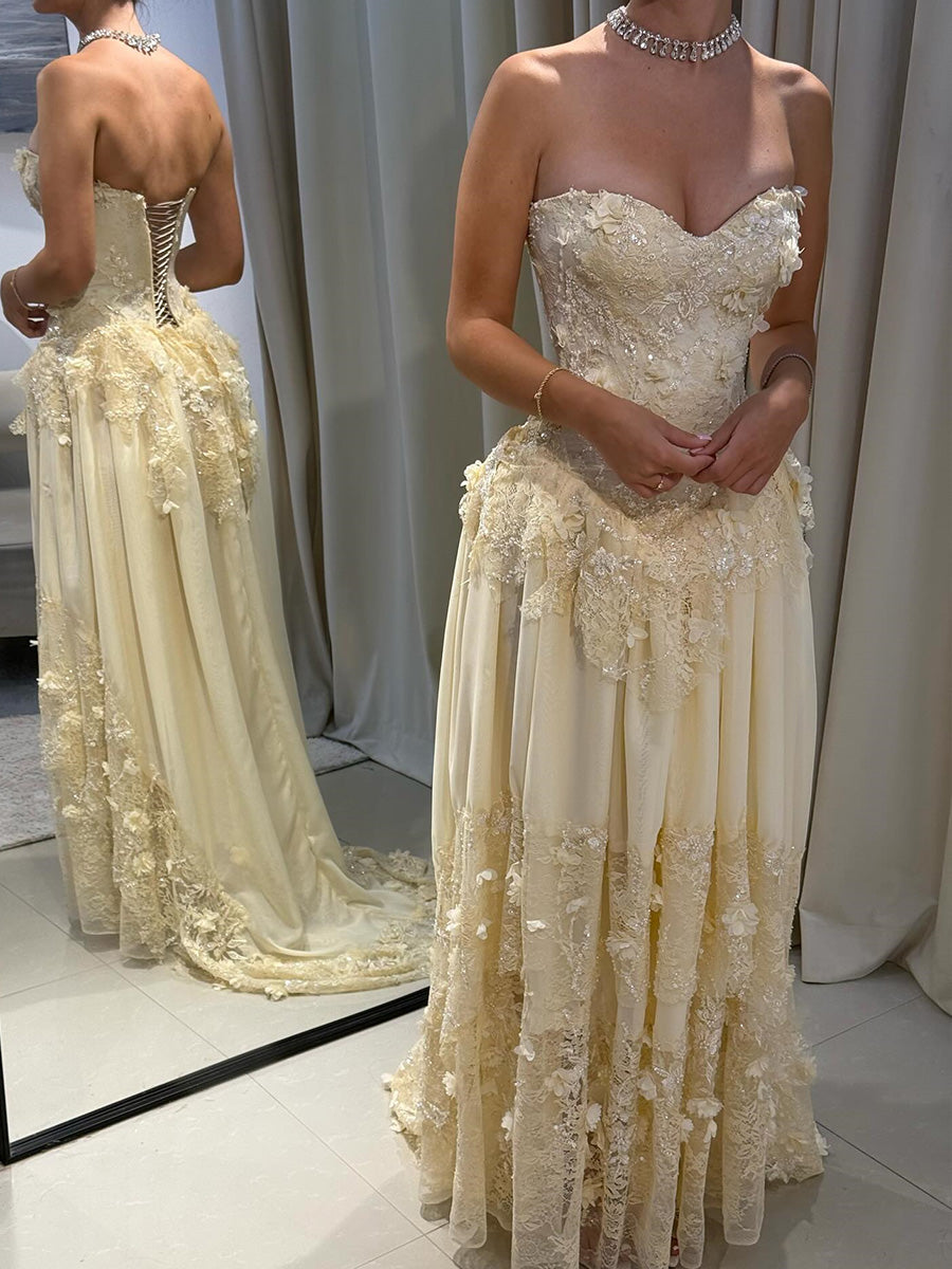 A-line Sweetheart Appliques Lace Sweep Train Chiffon Corset Prom Dress
