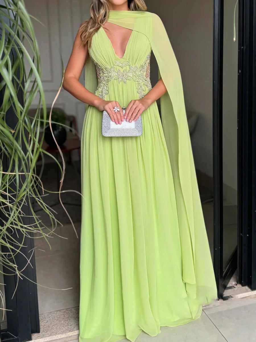A-line V-neck Ruffles Floor-Length Chiffon Corset Prom Dress