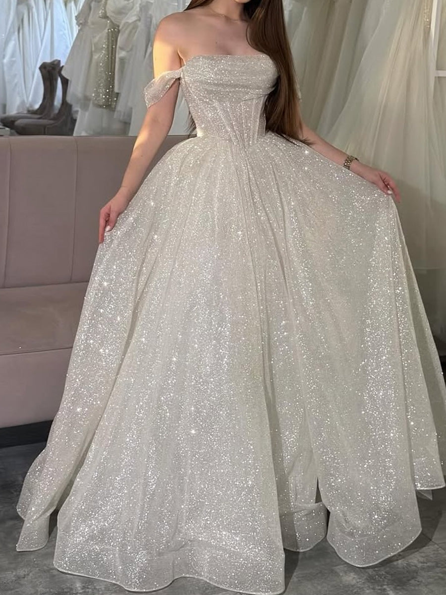 A-line Off-the-Shoulder Sequin Floor-Length Sequins Corset Prom Dress