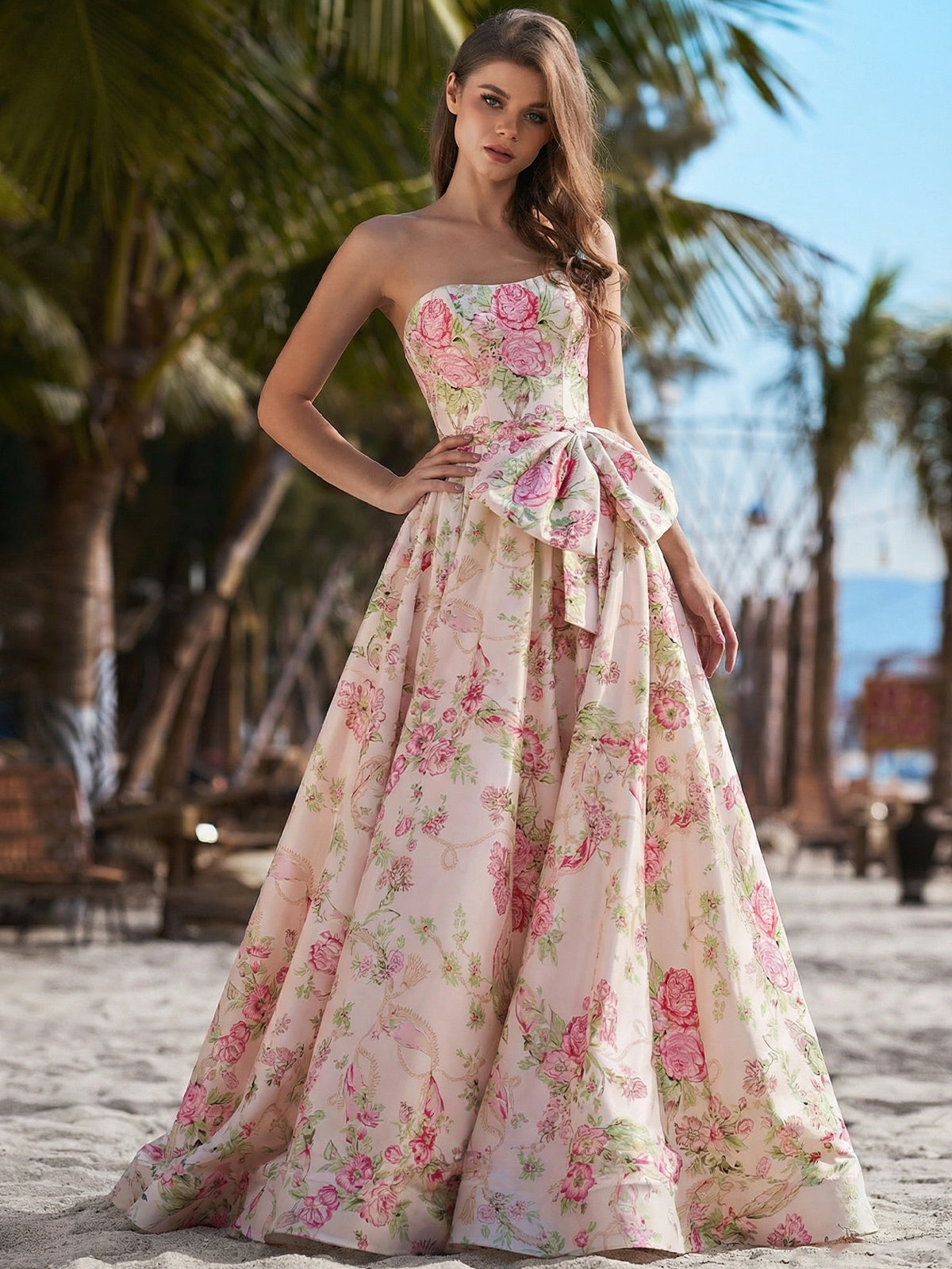 A-line Straight Bow Sweep Train Other Corset Prom Dress