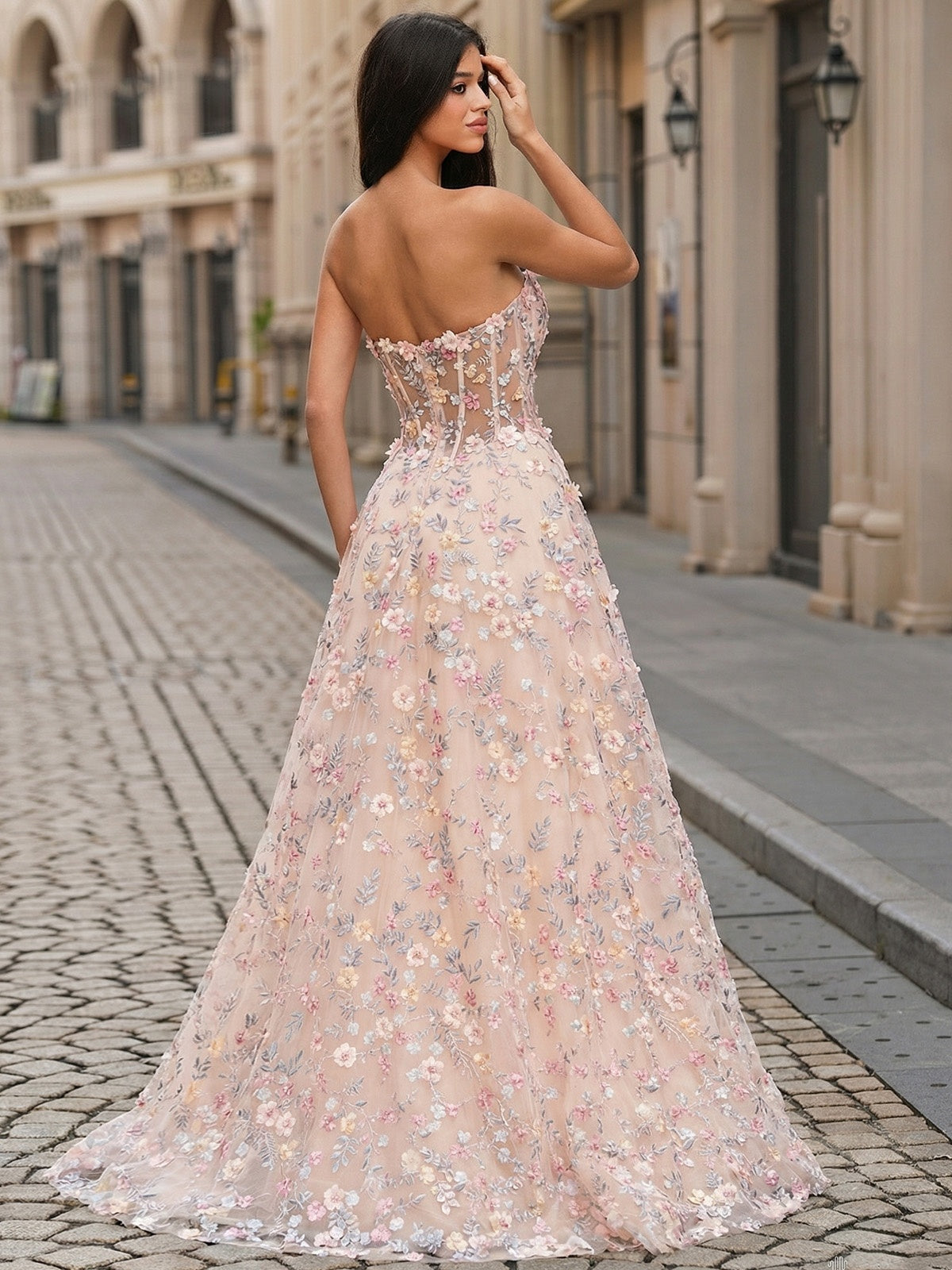 A-line Sweetheart Flower Floor-Length Lace Corset Prom Dress