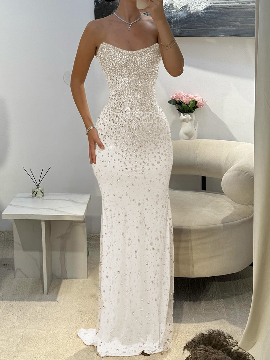 Sheath Straight Rhinestone Tulle Prom Dress