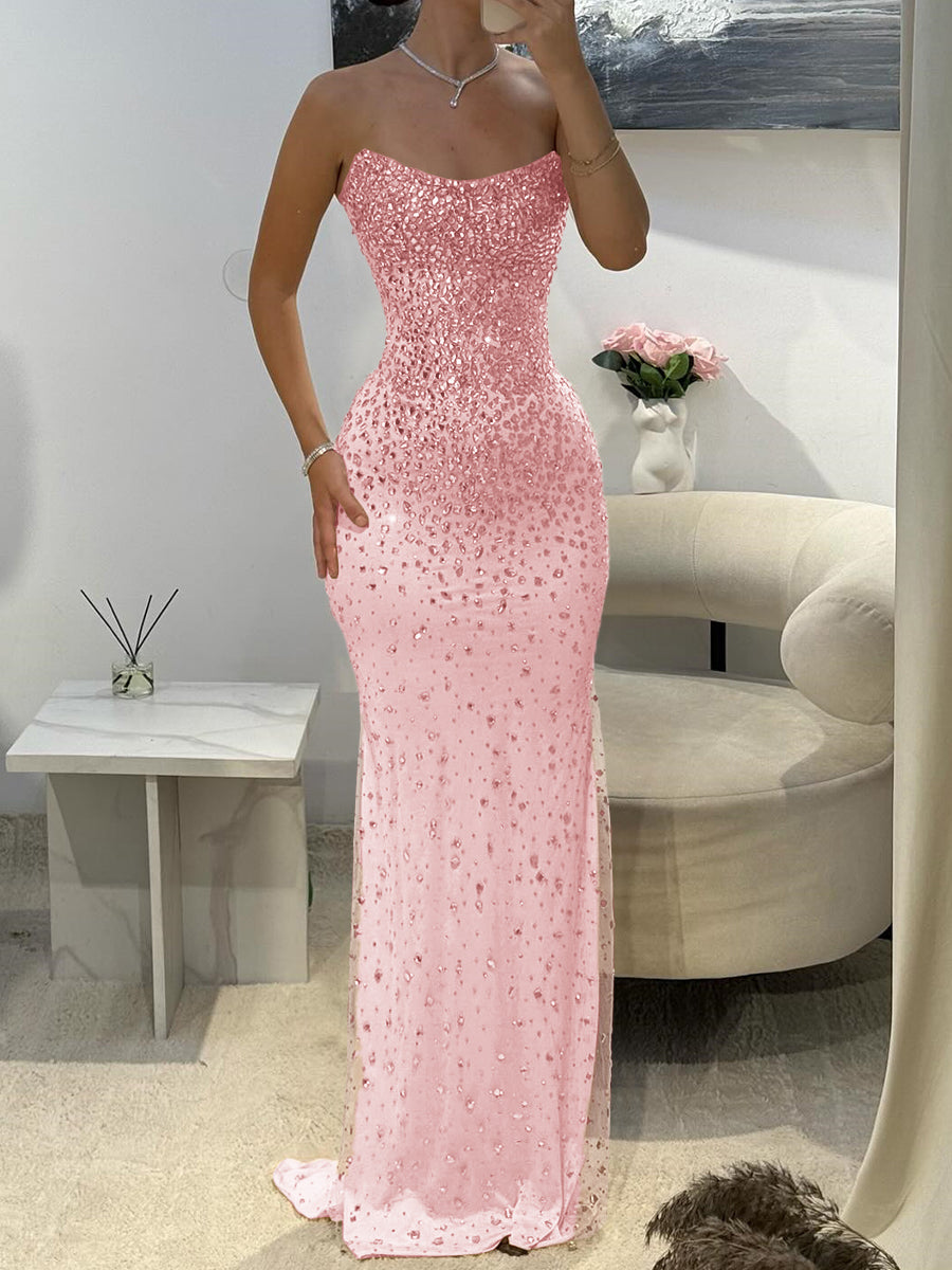 Sheath Straight Rhinestone Tulle Prom Dress