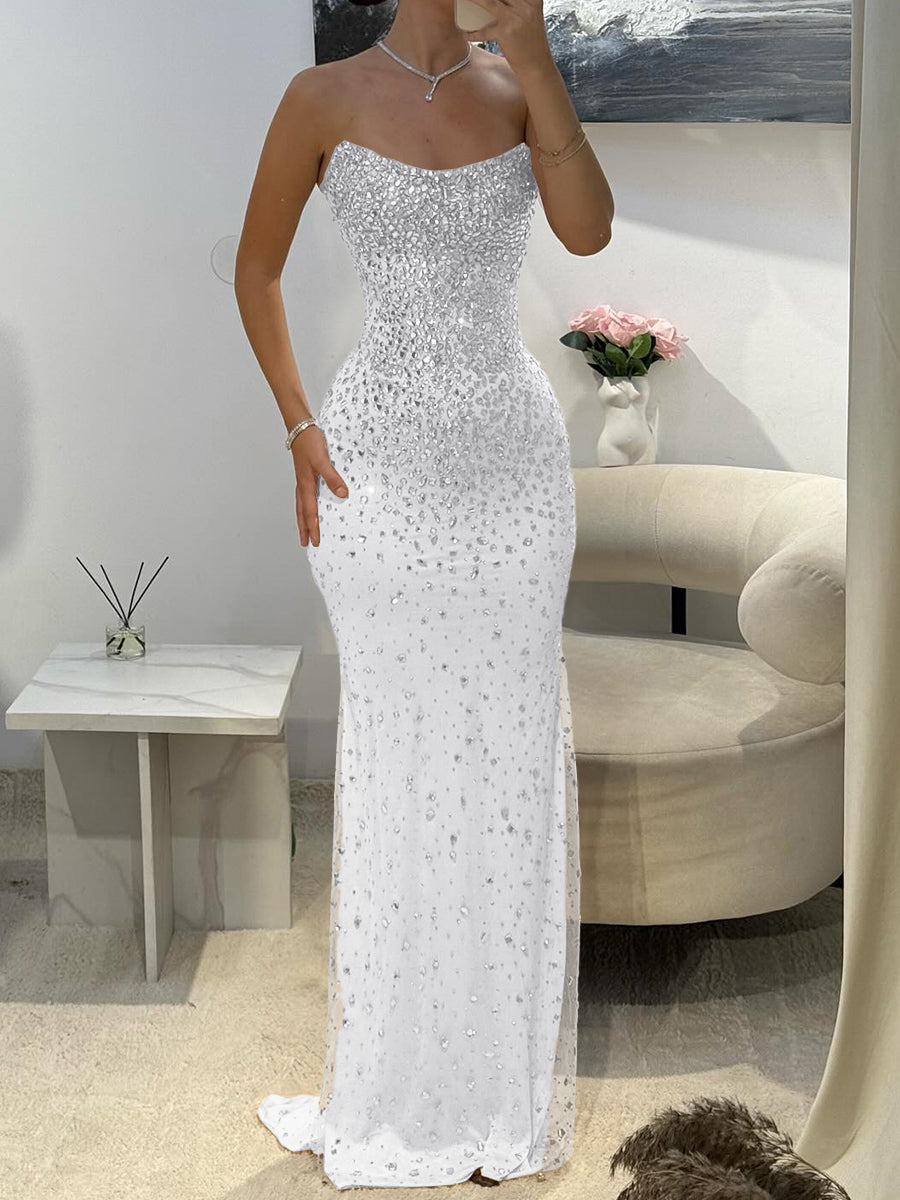 Sheath Straight Rhinestone Tulle Prom Dress