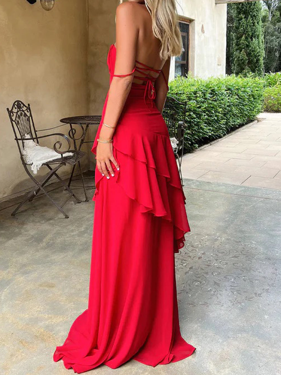 Sheath Spaghetti Straps Cascading Ruffles Sweep Train Chiffon Prom Dress