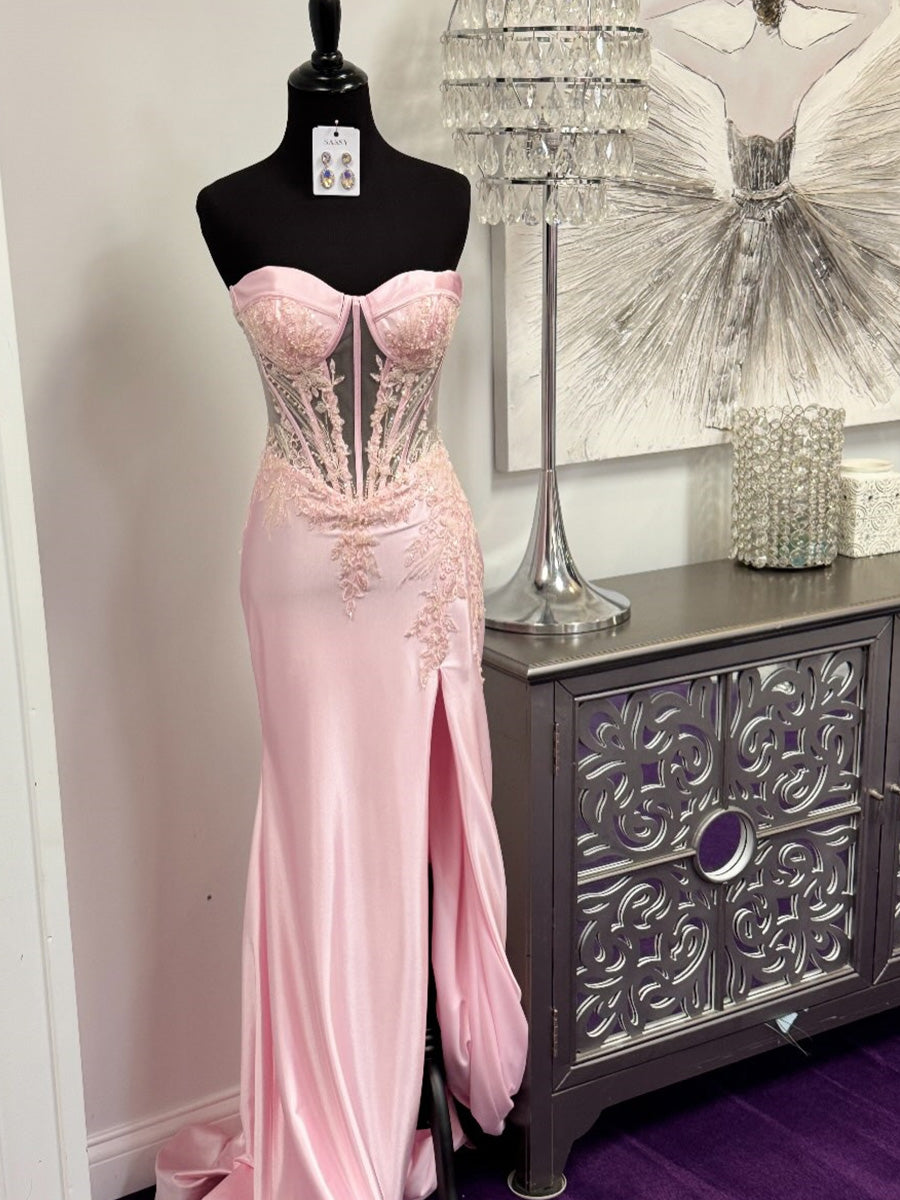 Sheath Sweetheart Appliques Lace Sweep Train Silk Like Satin Corset Prom Dress