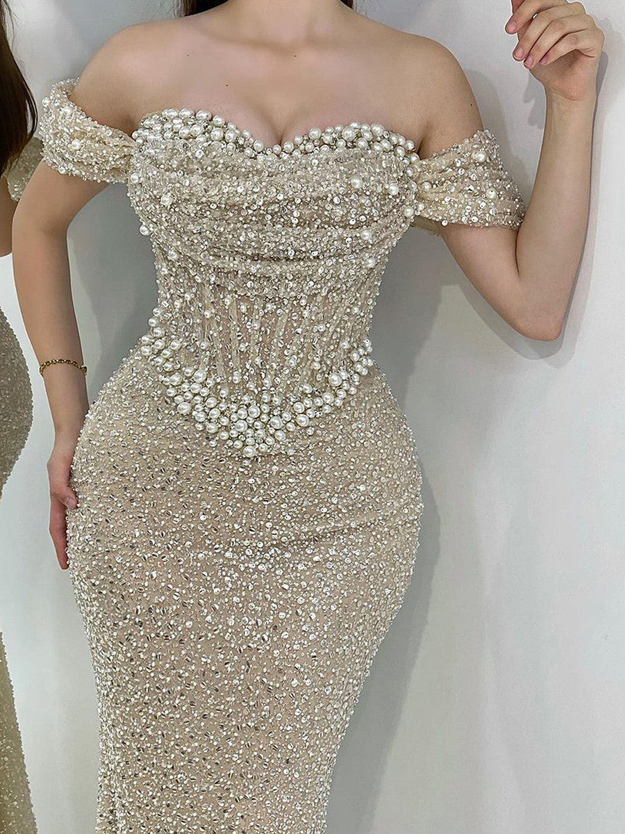 Sheath Off-the-Shoulder Sequin Sweep Train Corset Prom Dress