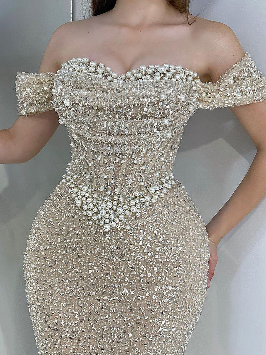 Sheath Off-the-Shoulder Sequin Sweep Train Corset Prom Dress