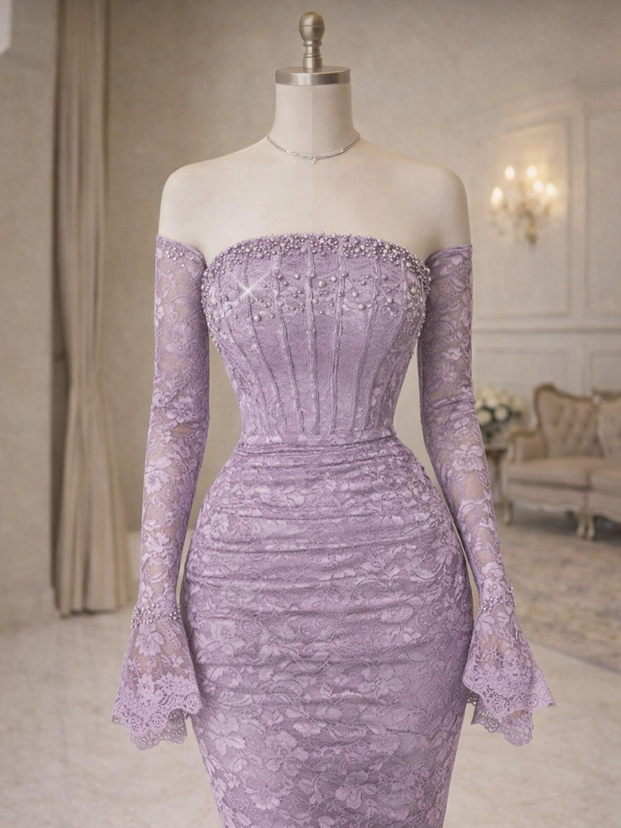 Mermaid Straight Long Sleeves Beading Sweep Train Lace Corset Prom Dress