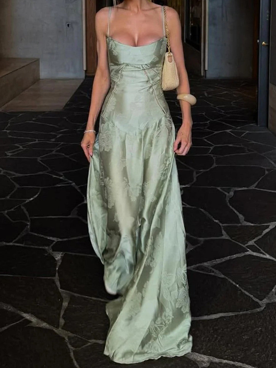 A-line Spaghetti Straps Sweep Train Corset Prom Dress