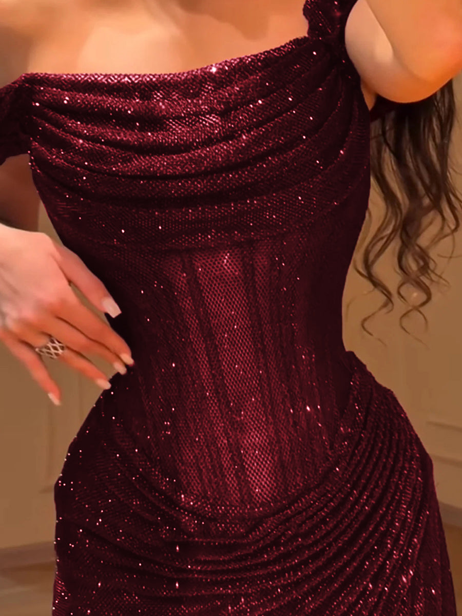 Sheath Off-the-Shoulder Pleated Sweep Train Corset Prom Dress