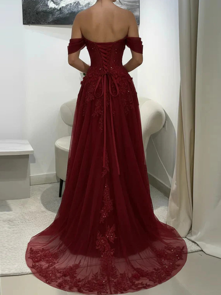 A-line Off-the-Shoulder Appliques Lace Sweep Train Tulle Corset Prom Dress