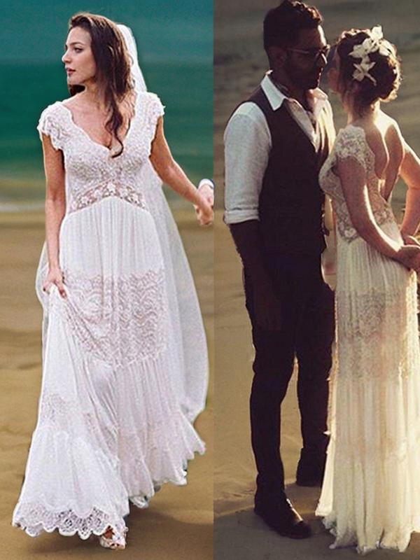 A-line V-neck Short Sleeves Appliques Lace Floor-Length Lace Wedding Dress