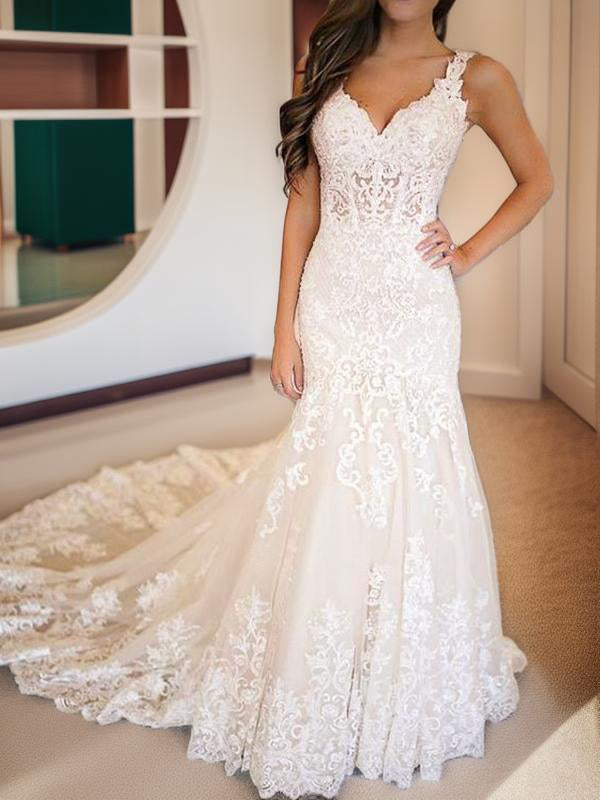 Mermaid V-neck Appliques Lace Chapel Train Tulle Wedding Dress