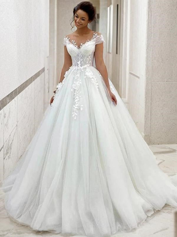 A-line Scoop Short Sleeves Appliques Lace Sweep Train Tulle Wedding Dress