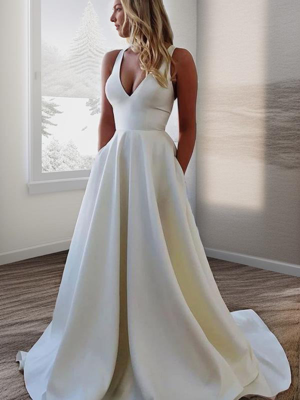 A-line V-neck Ruffles Sweep Train Stretch Crepe Wedding Dress