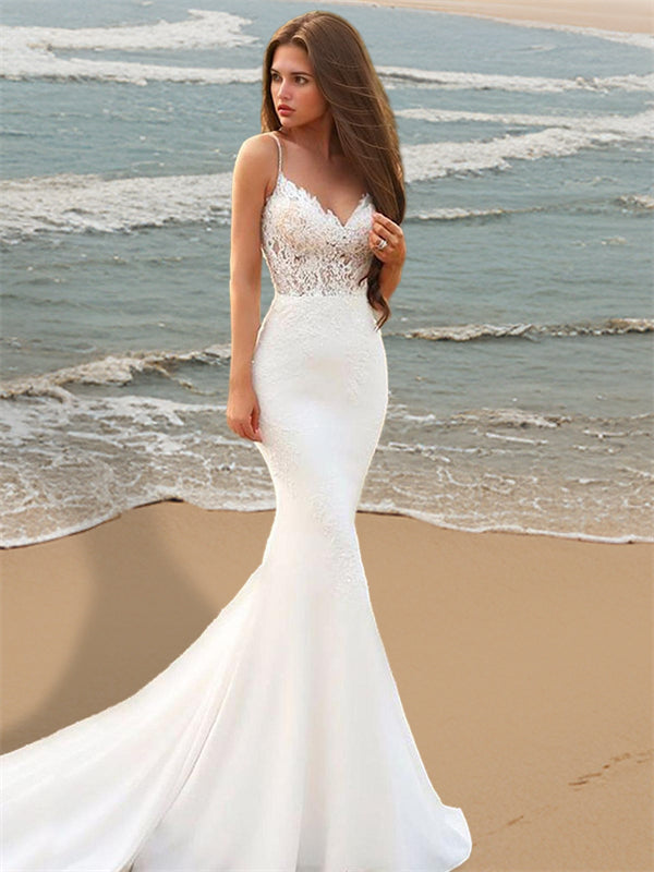 Mermaid Spaghetti Straps Applique Court Train Stretch Crepe Wedding Dress
