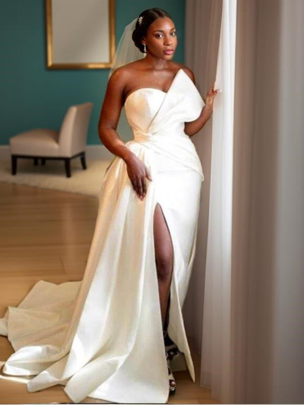 Sheath Sweetheart Ruched Sweep Train Satin Wedding Dress