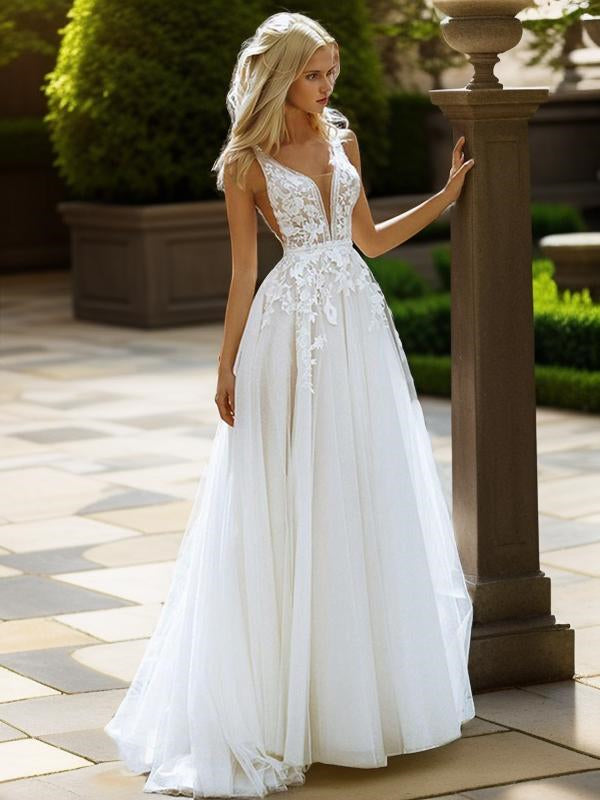 A-line V-neck Lace Sweep Train Tulle Wedding Dress