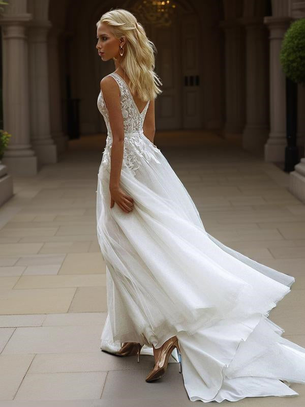 A-line V-neck Lace Sweep Train Tulle Wedding Dress
