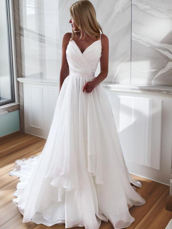 A-line V-neck Ruffles Court Train Organza Wedding Dress