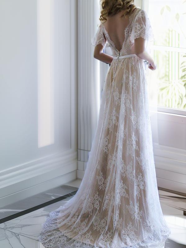 A-line V-neck Short Sleeves Lace Sweep Train Lace Wedding Dress