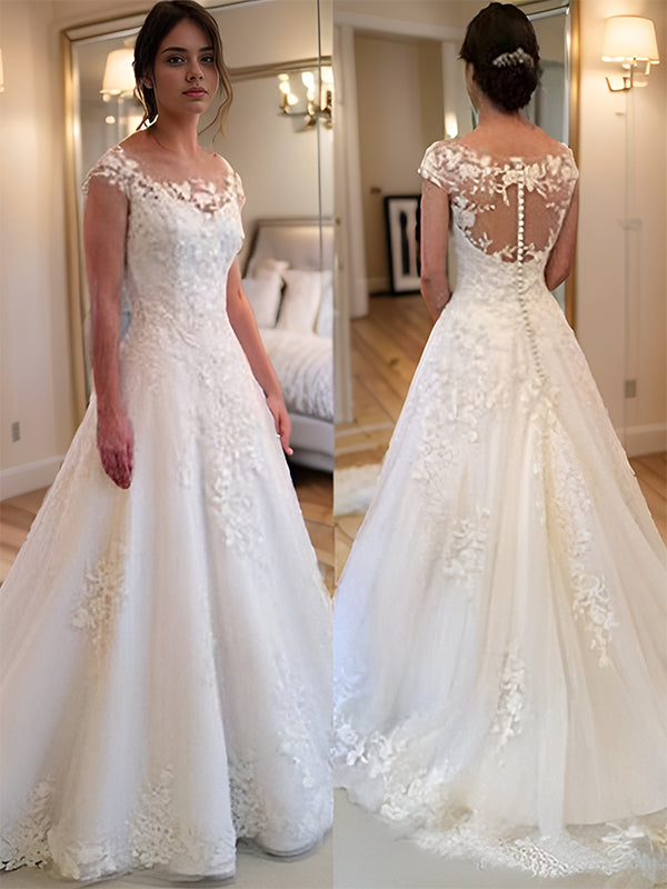 A-line Scoop Applique Sweep Train Tulle Wedding Dress